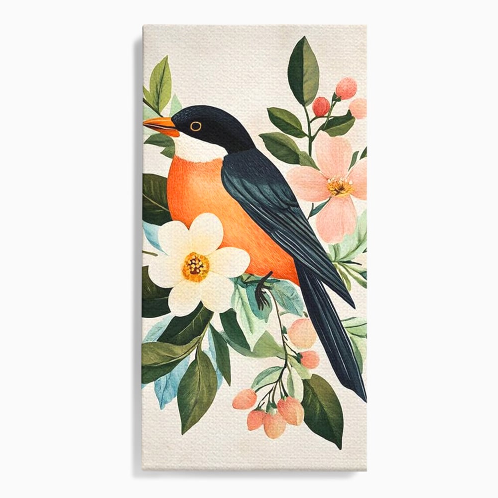 Tablou canvas cu tablou canvas cu pasare portocalie si flori, fara rama, pe sasiu de lemn